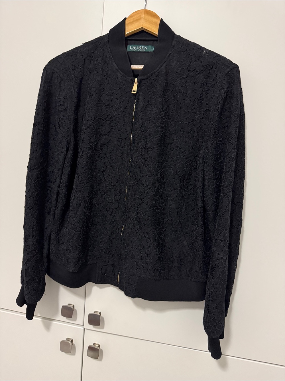 Ralph Lauren Black Lace Bomber Jacket with Gold Zipper